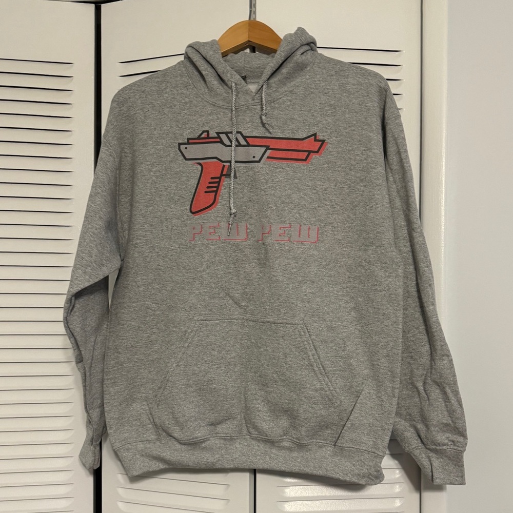 Gildan Heavy Hoodie Grey “Pew Pew” Unisex Sweatshirt Medium